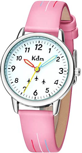 KDM Kinderuhr Mädchen Lernuhr Kinder Armbanduhr Analog Quarz Leder Leuchtend Wasserdicht Uhr Zeit Lehrer, Geschenke für Kinder 3-12 Jahre, Rosa