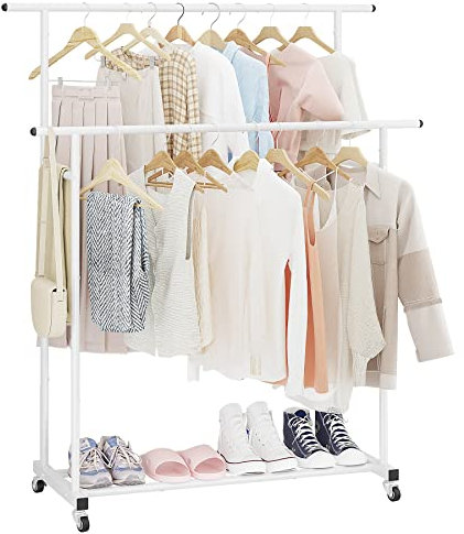 Calmootey Kleiderständer mit Doppelstange, rollbarer Kleiderständer, tragbarer Kleider-Organizer für Schlafzimmer, Wohnzimmer, Bekleidungsgeschäft, Weiß