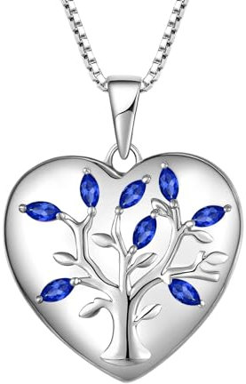 YL Lebensbaum Medaillon Halskette 925 Sterling Silber Schnitt Saphir Blau Herz Medaillon Anhänger für Damen