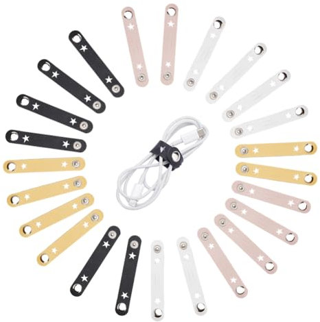 GORGECRAFT 24Pcs 4 Colors Leather Cable Straps Star Pattern Handmade Earbud Cord Organizer Portable Cord Wrap Tie Keeper Earphone Winder USB Cable Clips for Travel Home School Office Black Pink