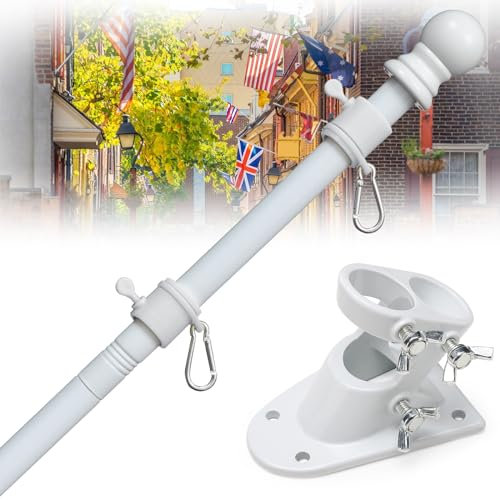 cogardenshower House Flag Pole Kit - 5ft Tangle Free White Flag Poles for 3x5 Flags Outdoor with Bracket - Heavy Duty Stainless Steel Flag Pole Holder for Outside House Porch Boat Truck Jeep