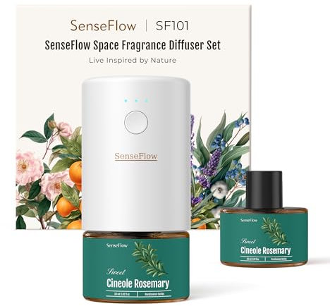 SenseFlow Diffusore di Oli Essenziali SF101 - Ultrasuoni Senza Acqua Profumatore per Ambienti, 100% Vegetale, Aroma 120 Giorni, LED, Ideale per Casa, Hotel e Studio - Rosmarino Cineolo