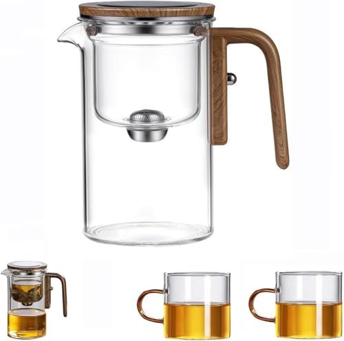 Duyifan Teiera Magica, Teiera della Stregoneria, Teiera in Vetro con separazione dell'Acqua e Manico in Legno, con infusore in Vetro per tè Sfuso Rimovibile (520ml)