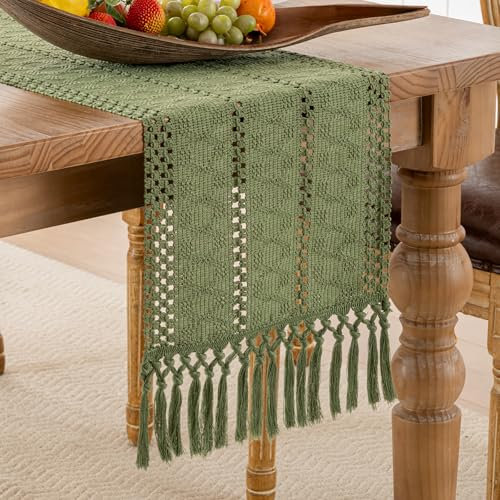 Tischläufer Grün Herbst Modern Boho Deko Tischlaufer Baumwolle Leinen Landhausstil Deko Häkelspitze Tischläufer Vintage Tassel für Urlaub Party Hochzeit Geburtstag 30x140cm