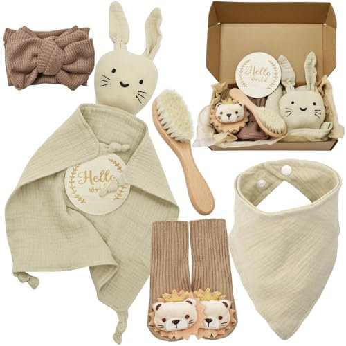 YTACREA Schmusetuch Baby, Baby Geschenk Mädchen Junge Personalisierte Geschenk Neugeborenen mit Schmusetuch, Lätzchen, Turban, Meilensteinkarten, Bürsten und Socken, Khaki