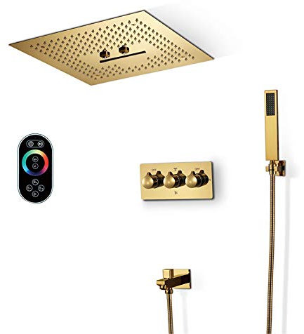 shower mixer 64 Color Led Gold Shower Combo Set Ceiling Mounted Bathroom Shower Faucet Set with 16 Inches Shower Head, Handheld Shower, Bathtub Faucet,Mobile Phone Control,Remote Control mixer shower