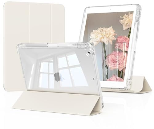 GKABXY Hybrid Case for iPad 9th/8th/7th Generation 2021/2020/2019 with Pencil Holder, iPad 10.2 inch Case Detachable Sliding Cover with Clear Hard Back Shell, Auto Sleep/Wake, White