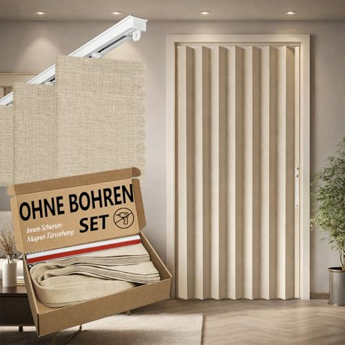 Jilron Cortina de puerta 100% opaca, estilo acordión plegable con cierre magnético, montaje adhesivo sin taladrar, incluye riel adhesivo, oscurecimiento y cortavientos, amarillo claro, A201 x A106 cm