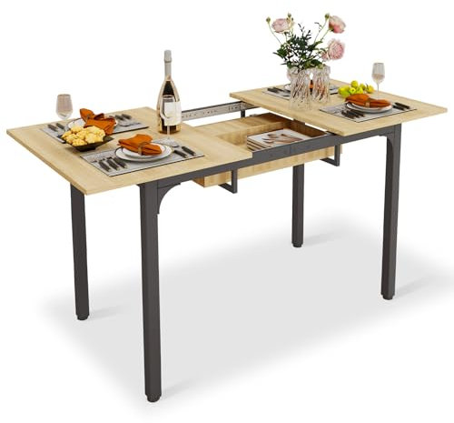 ARTETHYS Dining Table, 110-150cm Extendable Dining Table with Hidden Storage for 4-6 People, Large Kitchen Dinner Table with Metal Legs for Restaurant Home, Oak