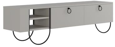FWStyle Norfolk TV Stand in Sandstone – Modern Media Unit with Pull-Down Doors - Open Shelves & Black Metal Frame – Stylish Living Room Storage Furniture