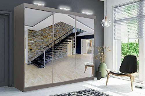 A.C. Milan Modern Double Mirror sliding door wardrobe with LED Light Width 100cm/120cm/150cm/180cm/203cm/250cm (250, Grey)