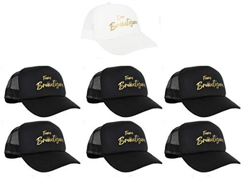 PICSonPAPER Mesh Cap Weiss mit Aufdruck Der Bräutigam und 6 Schwarze mit goldenem Aufdruck Team Bräutigam, JGA Accessoires Männer, Accessoires für Junggesellenabschied (7)