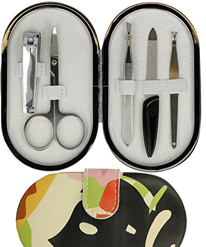 CLAUSS Maniküre Set 5-teilig plus Etui, mit Nagelschere, Feile, Pinzette, Nagelknipser und Nagelhautentferner, Carbonstahl, rostfreier Stahl, schwarz rot pink, CL-96113