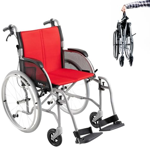 FeatherMobility - Red Lightweight Folding Wheelchair - 13.5 lbs, 18 Seat Width - with Swingaway Legrests, Anti-tippers, and Quick Release Wheels - 300 lbs Capacity
