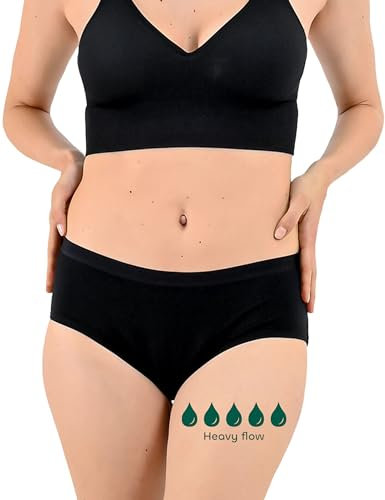 Bemee Daytime Hipster Heavy Flow, Perioden-unterwäsche, Menstruations-Slip aus OEKOTEX100 zertifizierter Bambus-Viskose schadstoff-frei, saugstark bei starker Blutung für Frauen, schwarz, Größe XXL
