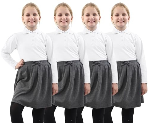GW CLASSY OUTFIT Pack of 4 Girls Long Sleeves Uniform Polo School Shirts Kids T Shirts Uniform Polo PE Tops UK Size (9-10 Years, 4X White)