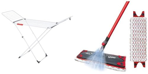 Vileda Extra X-Legs Clothes Airer, Indoor Clothes Drying Rack with 20m Washing Line, White & 1-2 Spray Mop, Microfibre Flat Floor Spray Mop with Extra Head Replacement