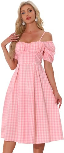 Allegra K Abito da donna vintage a quadretti, spalline sottili, spalle scoperte, abito scozzese, rosa, XL
