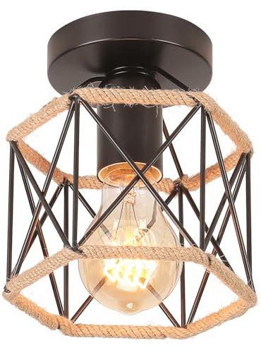 PETITES ECREVISSES Plafonnier Industriel E27 Lustre Suspension Rétro Design Diamant Chanvre Corde Plafond Abat-Jour Métal Luminaire Noir pour cuisine salon chambre(Hexagonal-P-1)