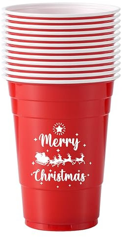 Komonee 12 x Christmas Red Cups 16oz 500ml Wide Rimmed Disposable American Xmas Party Cups USA Adult Novelty Plastic Glass Design 1