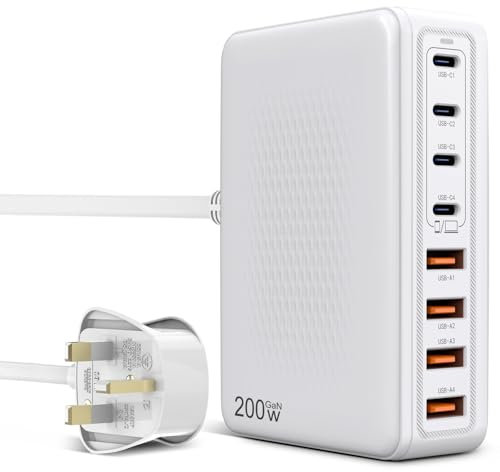 200W USB C USB A Fast Charger Block,GaN III Charger, 8 Port High Speed Charging Station Hub with PD 65W Desktop Laptop Power Adapter Compatible with MacBook Pro/Air,Steam (White)