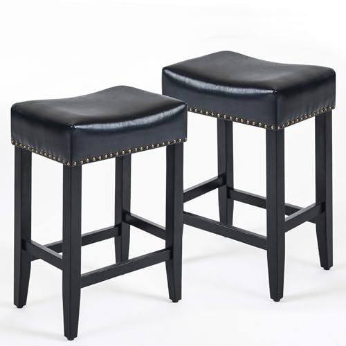 Ckaff Barhocker 2er Set, 65.5cm Hoch Barstuhl Küchenstuhl aus Kunstleder,Schminkstuhl Esszimmerstuhl Badhocker Bürohocker Tresenhocker mit Fußstütze für Küche, Wohnzimmer, Esszimmer, Schwarz
