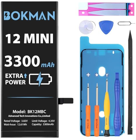 Bokman Akku für iPhone 12 Mini, 3300mAh Hochleistungs-Li-Ionen-Polymer-Akku mit Allen Werkzeugsätzen kompatibel mit A2176, A2398, A2399, A2400