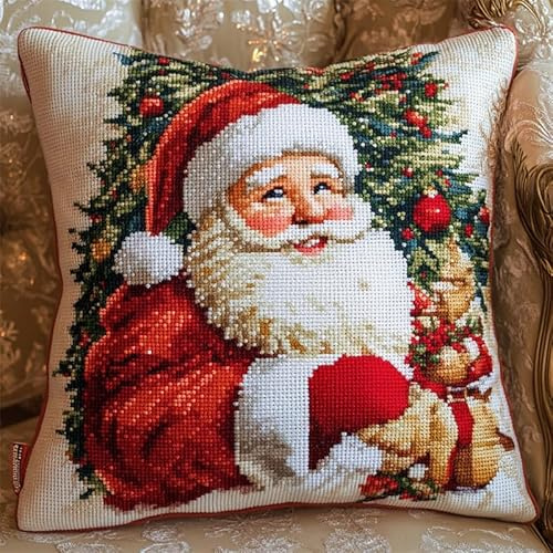 AxiangziK Navidad Kit de cojín de punto de cruz,Papá Noel y el árbol de Navidad,11CT Cross Stitch,DIY Bordado Creativo Regalo para principiantes y adultos,45x45cm