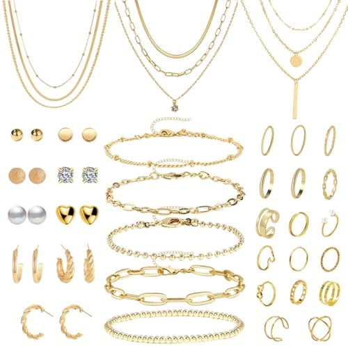 JSTHHTT 40 Pcs Parure Bijoux Femme : Élégante Parure de Bijoux pour Femme comprenant Collier Ras de Cou, Collier Breloque Argent et Or, Bracelet Jonc Or, Lot Bracelet Fantaisie