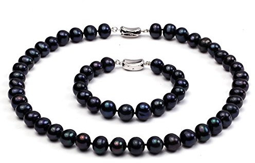 JYX Pearl 9–10 mm schwarz Runde Süßwasserperle Halskette und Armband Set