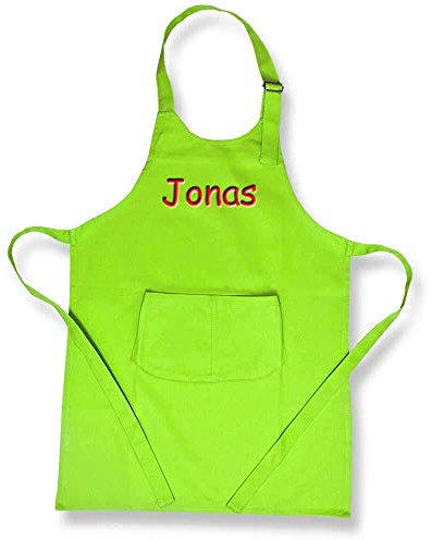Kinder Schürze 60x44 cm bestickt mit Namen Kinderschürze Kochschürze Basteln Kochen Werken Schule Garten Malschürze rosa rot hellblau dunkelblau grün weiß schwarz, Farbe:grün