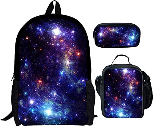 NETILGEN Grundschule Junior Schulrucksack Rucksack Kleine Lunchbox Federmäppchen Rucksack Set Für Teen Jungen Schulbuchtasche Mit Thermo Lunchbag Federmäppchen Space Galaxy Muster