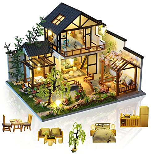 Cuteefun DIY Kit de Maison de Poupées Miniature a Construire en Bois vec Meubles Musique et Outils, Cadeau de Modèle de Maison d'Artisanat Bricolage, Villa Orientale