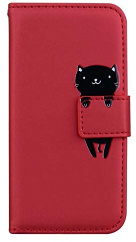 JEFFENE for iPhone 13 Case, Cartoon Pattern Folding Stand PU Leather Wallet Flip Cover with TPU Inner Shell, Card Slots, Magnetic Closure (iPhone 13-Red+Cat)