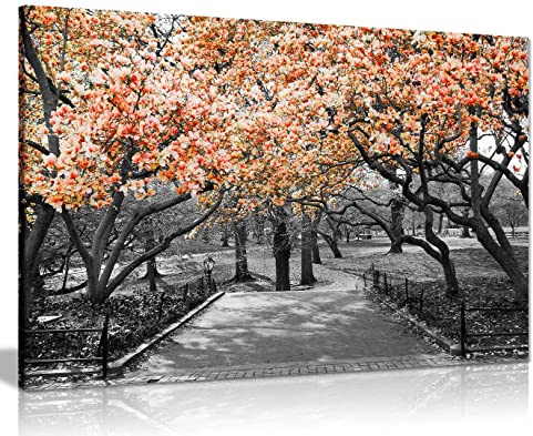 Orange Floral Canvas Wall Art Large 36x24 Inch, Ready to Hang Framed Print | Grey and Orange Blossom Pictures for Living Room, Bedroom - Stretched on Pine Frame, Gallery Wrapped by Panther Print