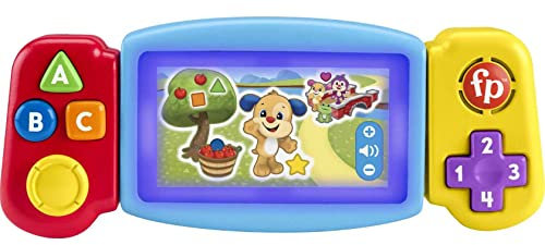 Fisher-Price Rires et Éveil Ma Tourni-Console d’Apprentissages, jouet interactif, console de jeu portable factice, jouet lumineux et musical, Jouet Éveil, Dès 9 mois, Version: UK-Anglais , HNM83