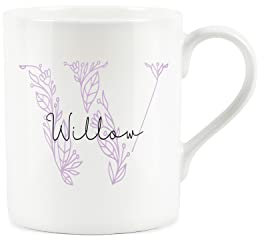 Purely Home Floral Pink Letter W Mug - Fine Bone China Small Coffee Tea Mug Present Personalised Initial Gift