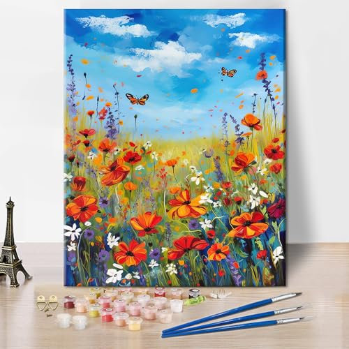 Blumen Malen nach Zahlen mit Pinseln und Acrylpigmenten Natur Landschaft Erwachsene Malen nach Zahlen Kits DIY Ölmalerei nach Zahlen für Erwachsene Kunsthandwerk 40 x 50 cm(rahmenlos)