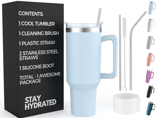 Re Tech UK - 40oz Tumbler with Straw and Lid + 2 Stainless Steel Straws, Silicone Boot, 1.2 litres, Insulated Cup -Travel Mug with Handle - Birthday Gift for Women, Sky
