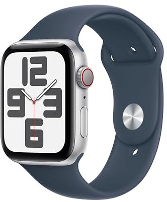 Apple Watch SE de 2.ª generación, 2023 [GPS + Cellular] Smartwatch con Caja de Aluminio en Plata de 44 mm y Correa Deportiva Azul tempestad - Talla S/M. Monitor de entreno y sueño, Pantalla Retina