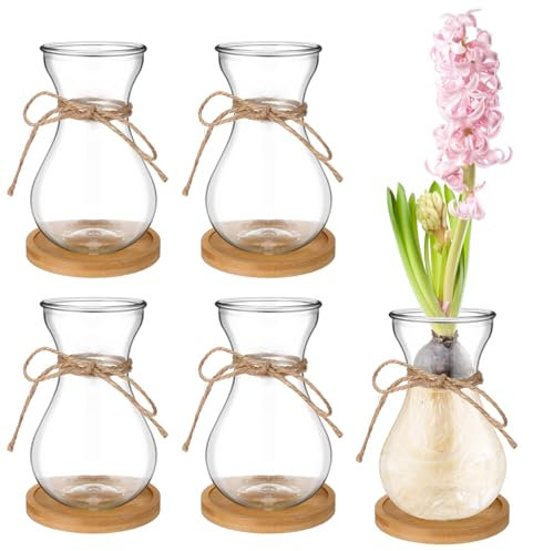 Glass Bulb Vases for Flowers Forcing Hyacinth Clear Decorative Bulb Vase with Round Bamboo Coaster for Home Office Table Decoration(4 Pcs)