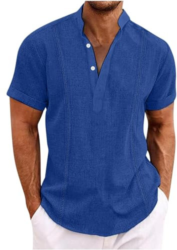 Linen Shirt for Men UK Short Sleeve Henley Shirt Classic Solid Cotton Linen Button Up Blouses Summer Loose Casual Cotton Linen Pullover Tops Comforty Breathable Office Business Tees