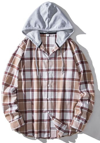Iris Sprite Sweat à Capuche Homme Chemise Carreaux avec Poche Poitrine Épissage Manches Longues (Kaki-A116, Medium)