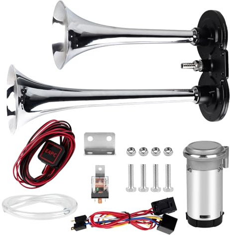 CPROSP 12V Drucklufthorn mit Kompressor, Hupen mit Schalter, Druckluft-Doppelhorn, 12v 125db Hupe Luft Horn Gesamtlänge 210 mm