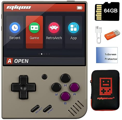 Miyoo Mini Plus Console de jeu portable avec écran de 3,5 Système classique rétro et rechargeable 64 Go avec étui (gris)