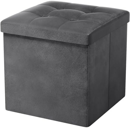 Oak & Tea Storage Ottoman, Foldable Storage Bench, Small Footrest, Cube Storage Unit, 3 Storage Boxes with Lid, Footstool, Comfy Toy Chest for Bedroom Living Room, Dark Grey 38x38x38cm