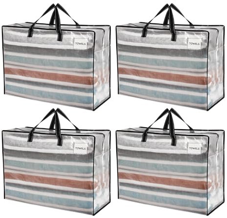 VENO 4 Pack 105L Large Storage Bags, Duvet Storage Bag King Size for Moving, Underbed Storage Bags for Bedding, Laundry Packing Boxes Clothes, Duvets, Pillows, Quilt, Blankets (Clear, 4 Pack 105L)