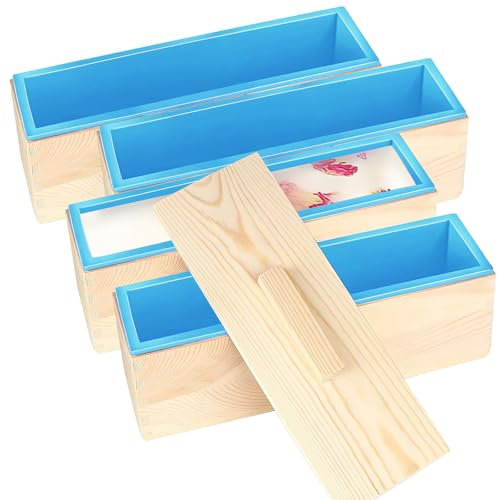 4 Pcs Rectangular Silicone Soap Mold, 42 oz Soap Loaf Mould Wooden Box with Lid, Flexible Silicone Soap Molds Tool for DIY Making Candle Soap Supplies, Blue