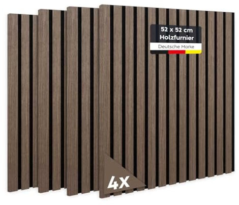 JELLE & JACOB Wandpaneele Akustikpaneele Holz Eiche Dunkel Furnier 52x52 cm, 4er Set 3D Wandpaneele Holz Wandverkleidung, Akustikpaneel Deko Wohnzimmer, Garderobe, Akustik Wand Paneele