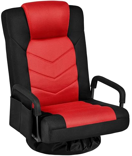 Yaheetech Chaise Gaming au Sol avec Dossier Pliable à 6 Positions Réglables et Support Lombaire, Fauteuil Gaming Pivotant à 360° avec Accoudoirs, pour Adultes, Adolescentes, Enfants, Noir/Rouge